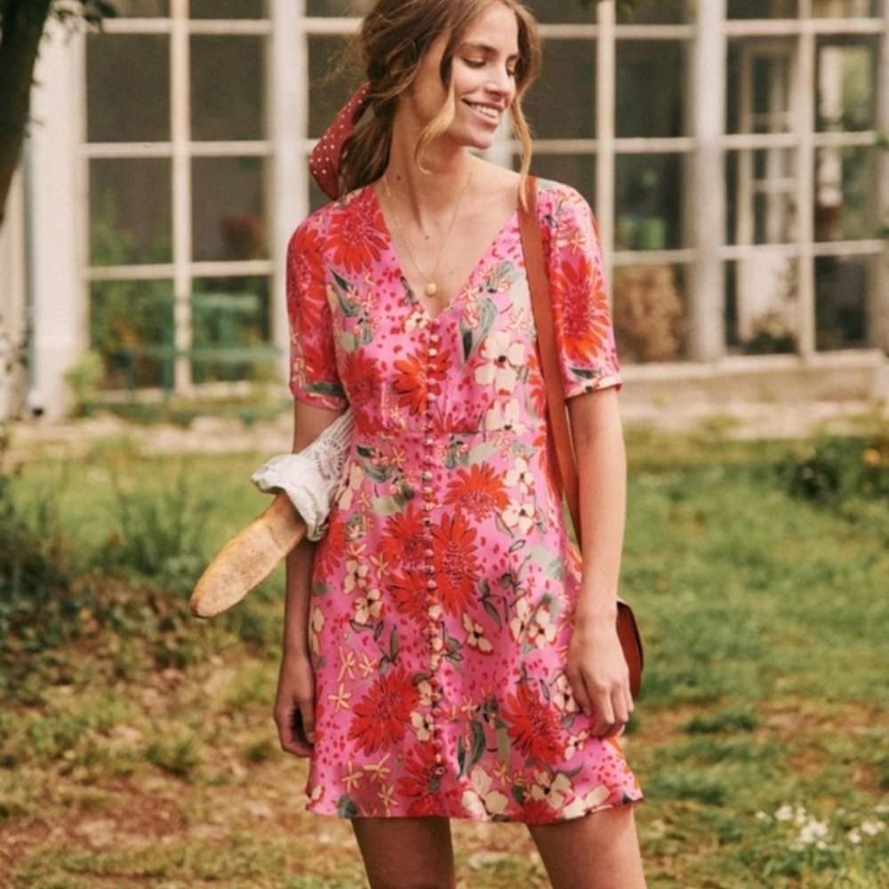 Sezane Pink Floral Silk SOLA DRESS